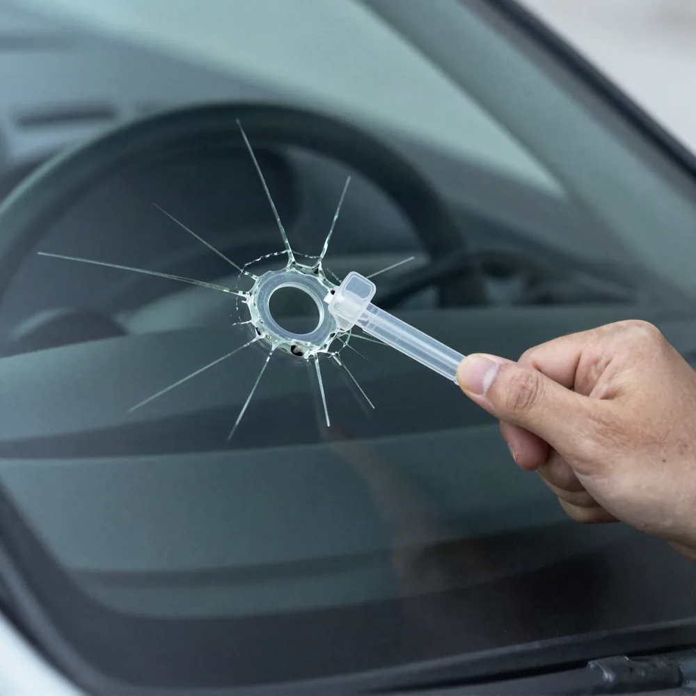 Impact damage in a car windshield with crack legs radiating from the chip, a resin injector held against the glass