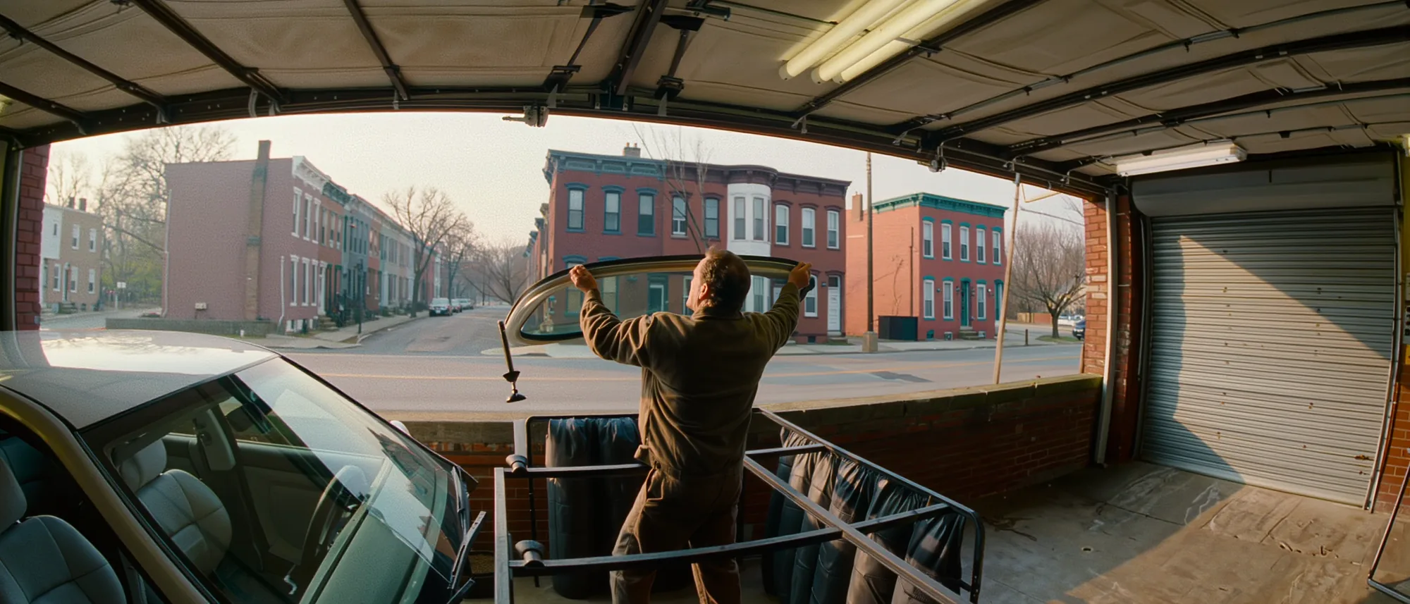 A glass technician lifting a windshield out of a padded rack in the open bay at James E Linus Sons on Germantown Avenue