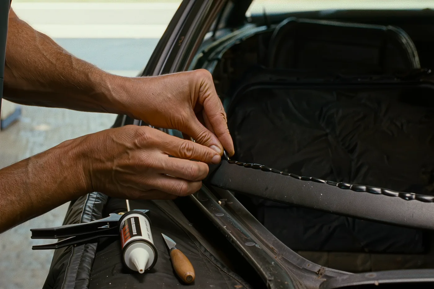 Gloved hands pressing a continuous urethane bead along the pinchweld of a stripped windshield frame